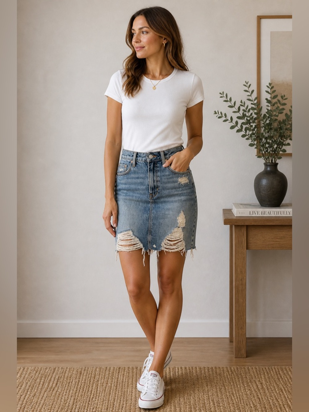 H&M & Denim Distressed Denim‎ Pencil Skirt